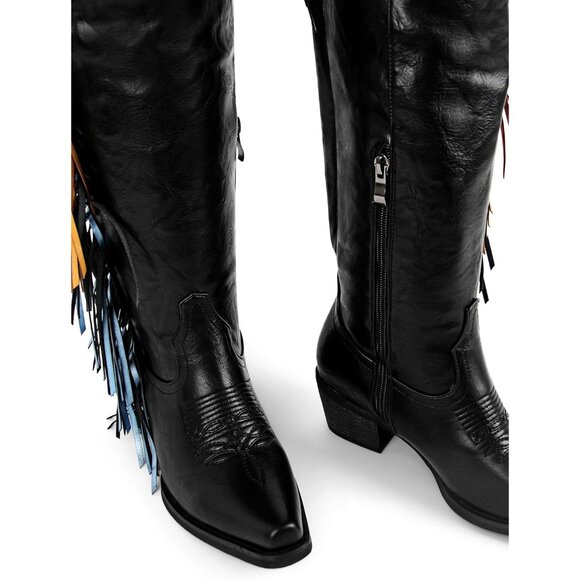 Women Black Polyurethane Pointed Toe Fringe Adjustable Thigh High Cowgirl Boot - Picture 6 of 6